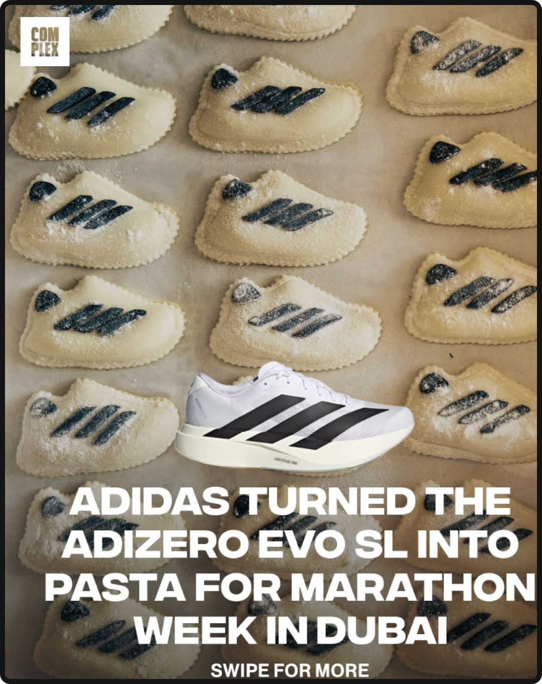 Adidas analog marketing campaign featuring shoe-shaped ravioli for Dubai Marathon Week.
