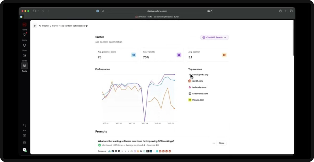 Dashboard of Surfer SEO, one of the top AI search optimization tools in 2026.