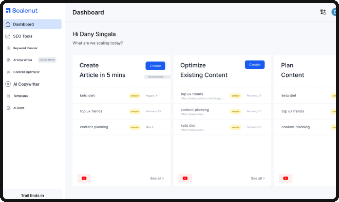 Dashboard of Scalenut, one of the top AI search optimization tools in 2026.