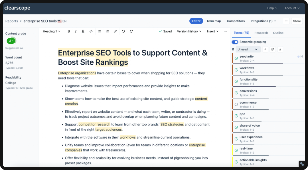 Dashboard of Clearscope, one of the top AI search optimization tools in 2026.