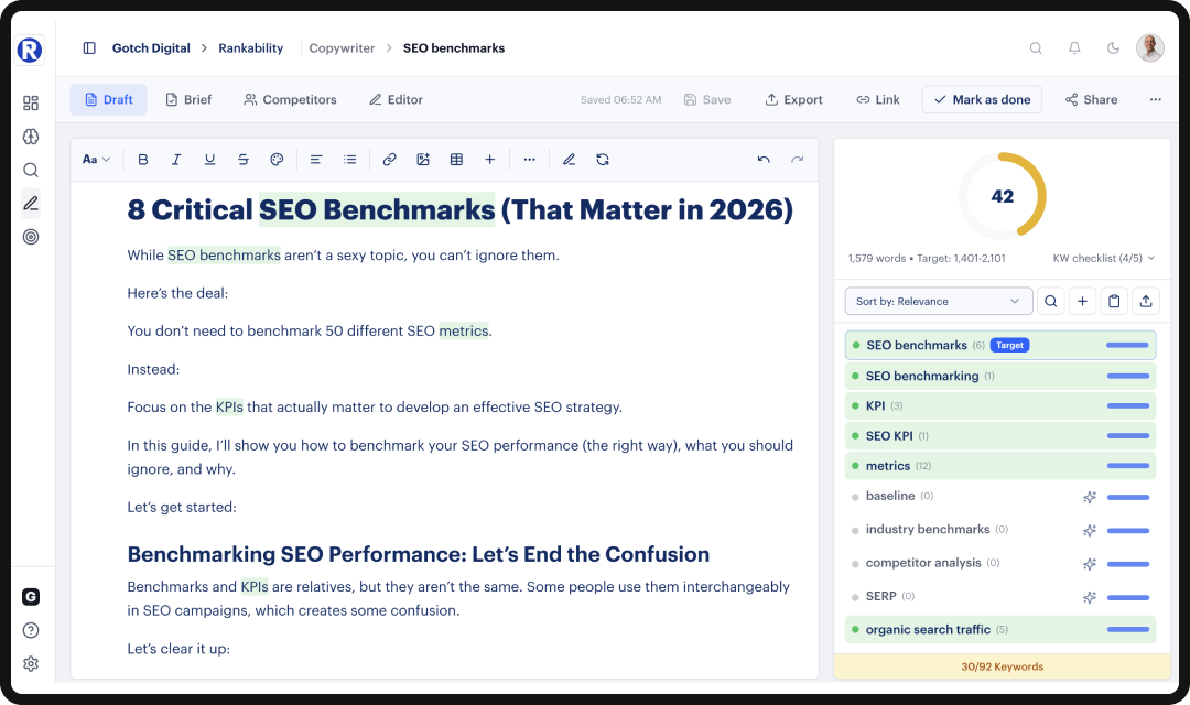 Dashboard of Rankability, one of the top AI search optimization tools in 2026.