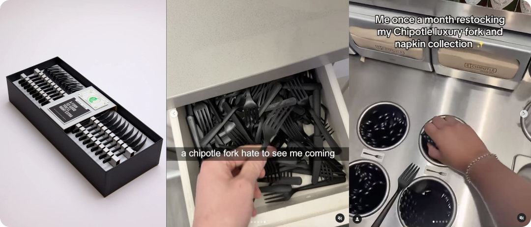 Examples of Chipotle fork stashing trend on TikTok that Chipotle leaned into.