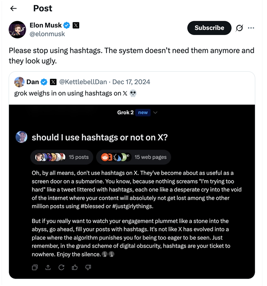Elon Musk's X post telling X users to stop using hashtags on X.
