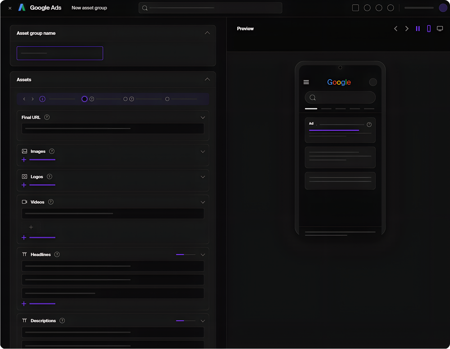 Image of the Google Ads interface showing how to optimize creative assets.