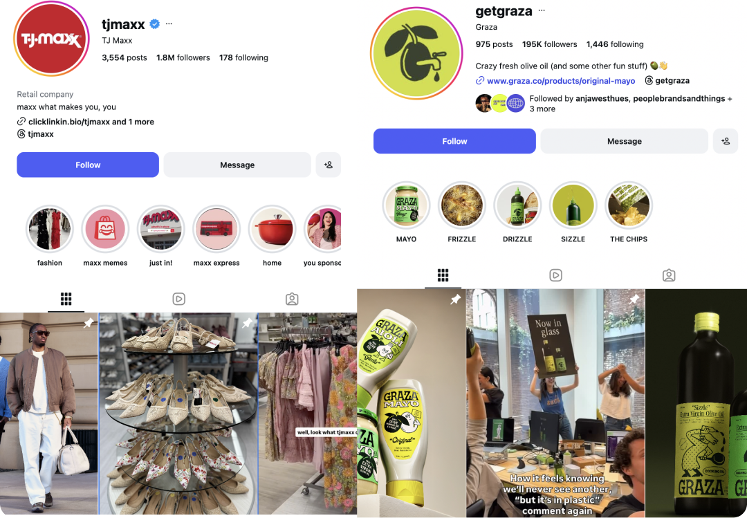 Side-by-side collage of TJ Maxx and Graza Instagram accounts using pinned comments as hero content.