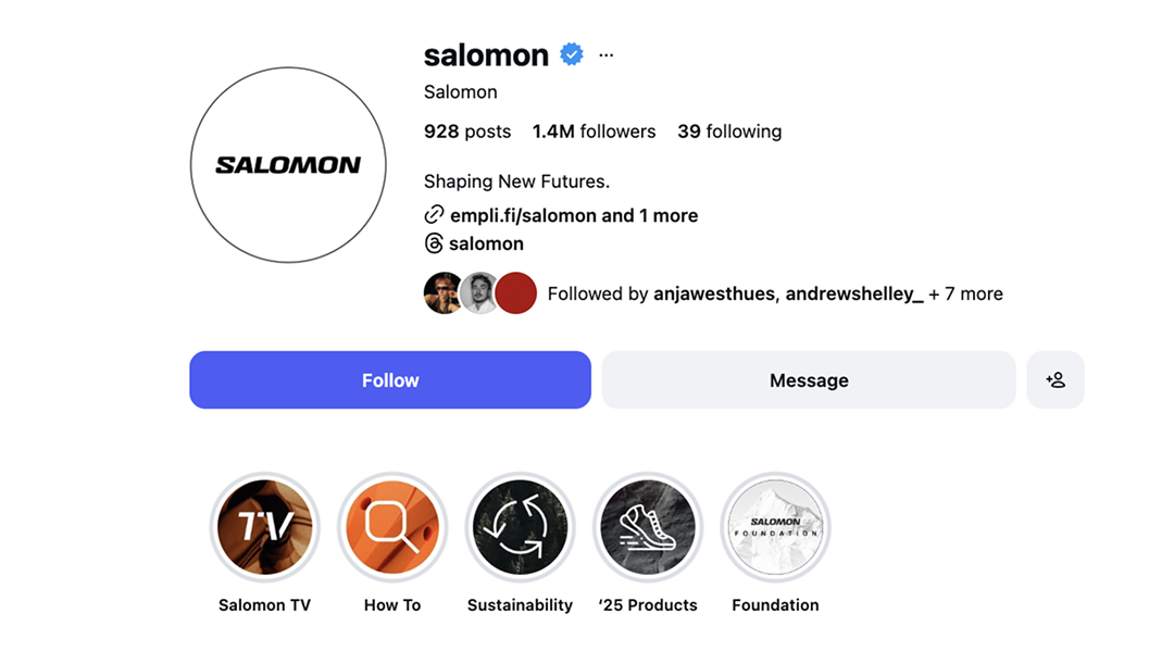 Salomon Instagram account using highlights and covers as a top navigation menu.