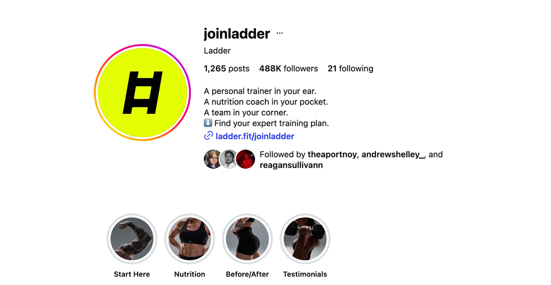 Ladder Instagram account, good example of using social media as a landing page.