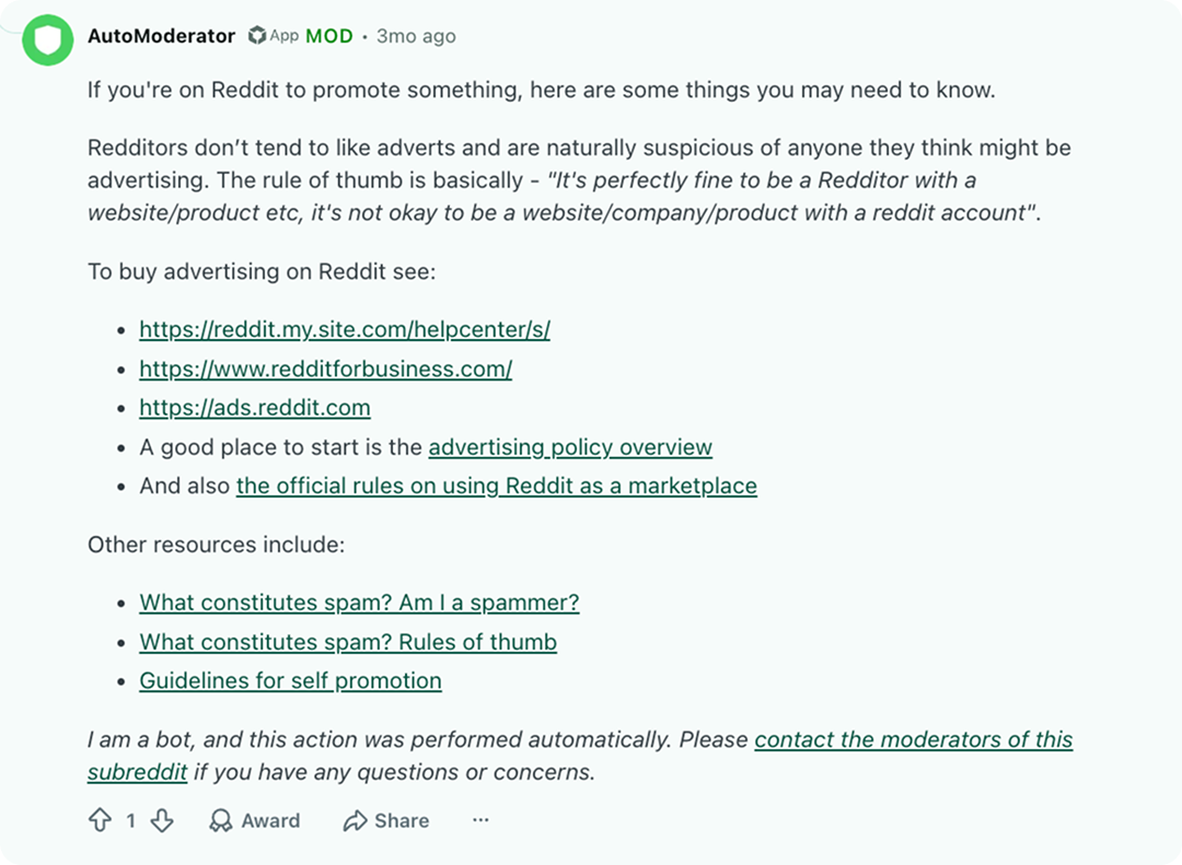 Reddit automoderator giving the policies for promotional content on Reddit.