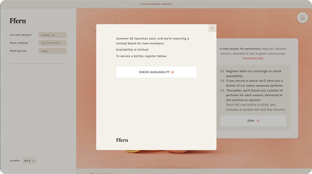 Ffern's website, where the user is prompted to join a waitlist for the chance to buy a product.