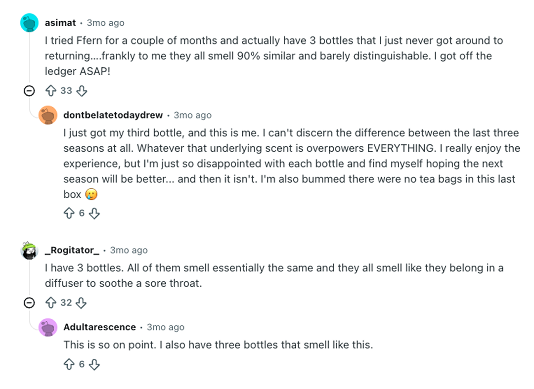 Reddit thread where users discuss the concept of Ffern as a brand.
