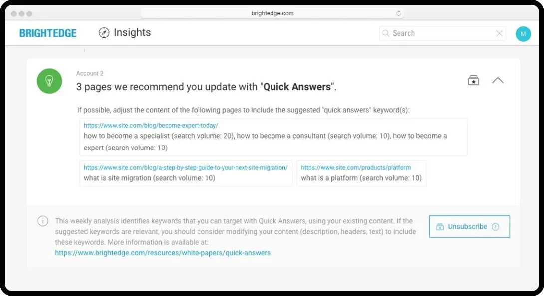 screenshot of BrightEdge dashboard, one of the top AEO/GEO tools for eCommerce