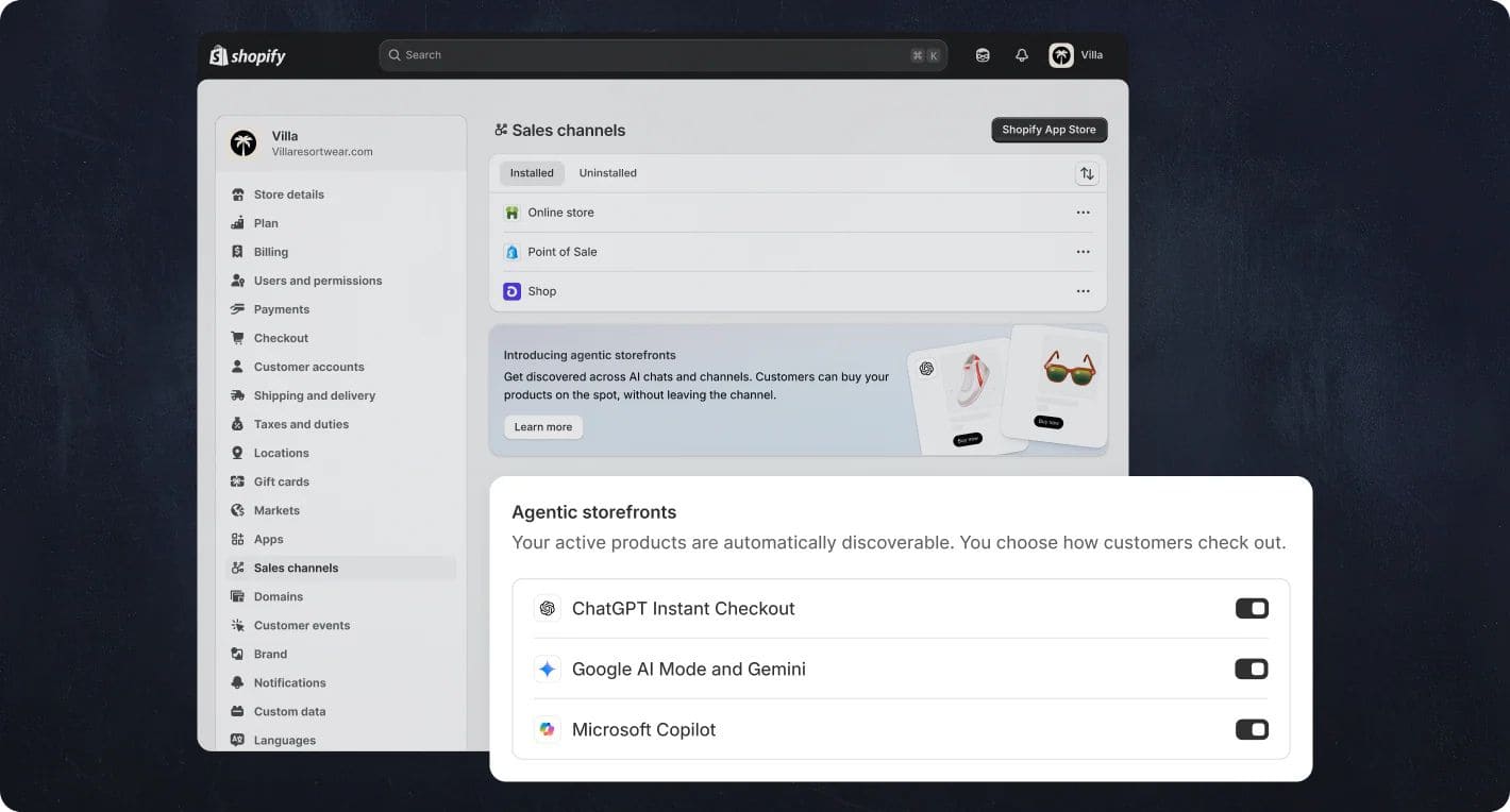 screenshot of Shopify dashboard, one of the top AEO/GEO tools for eCommerce