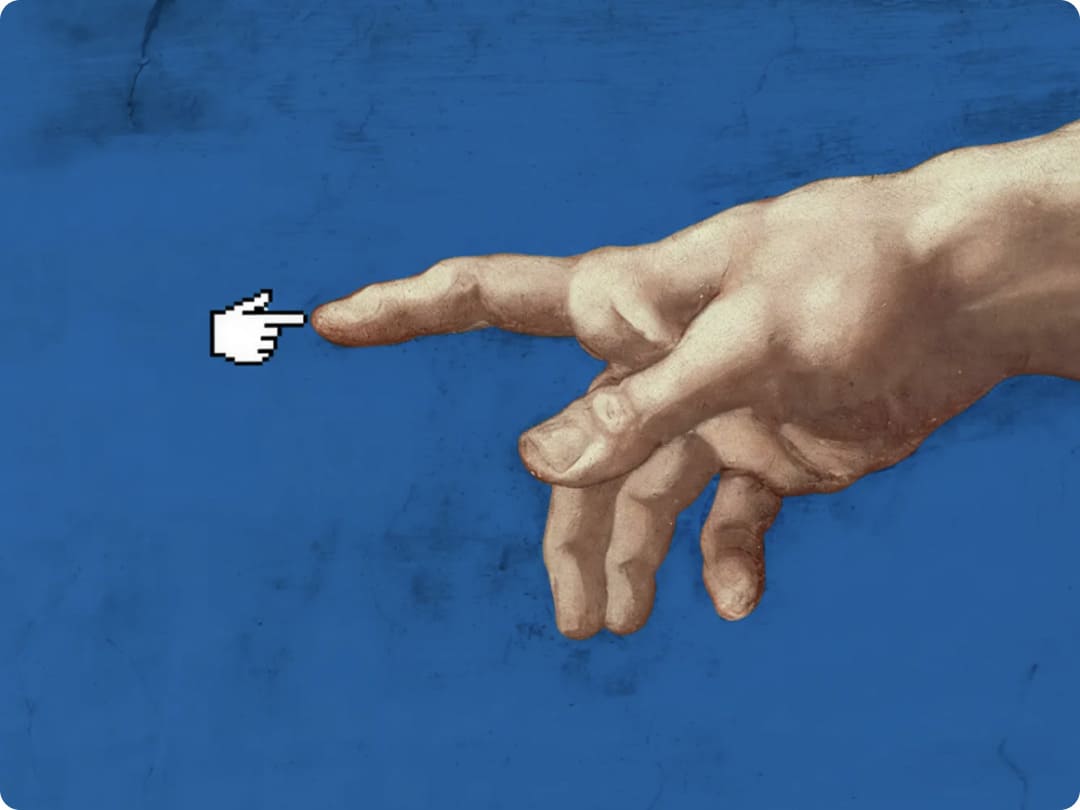 digital parody of Michelangelo's The Creation of Adam, replacing the hand of God with a classic pixelated computer mouse pointer