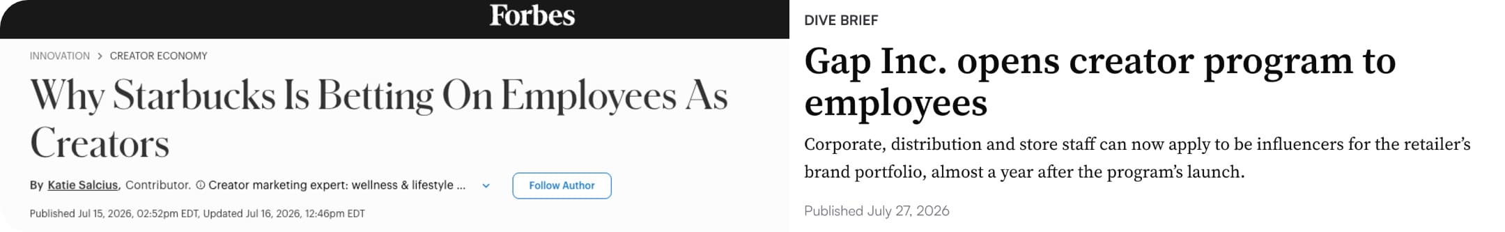 news headlines about Starbucks and Gap EGC programs side by side