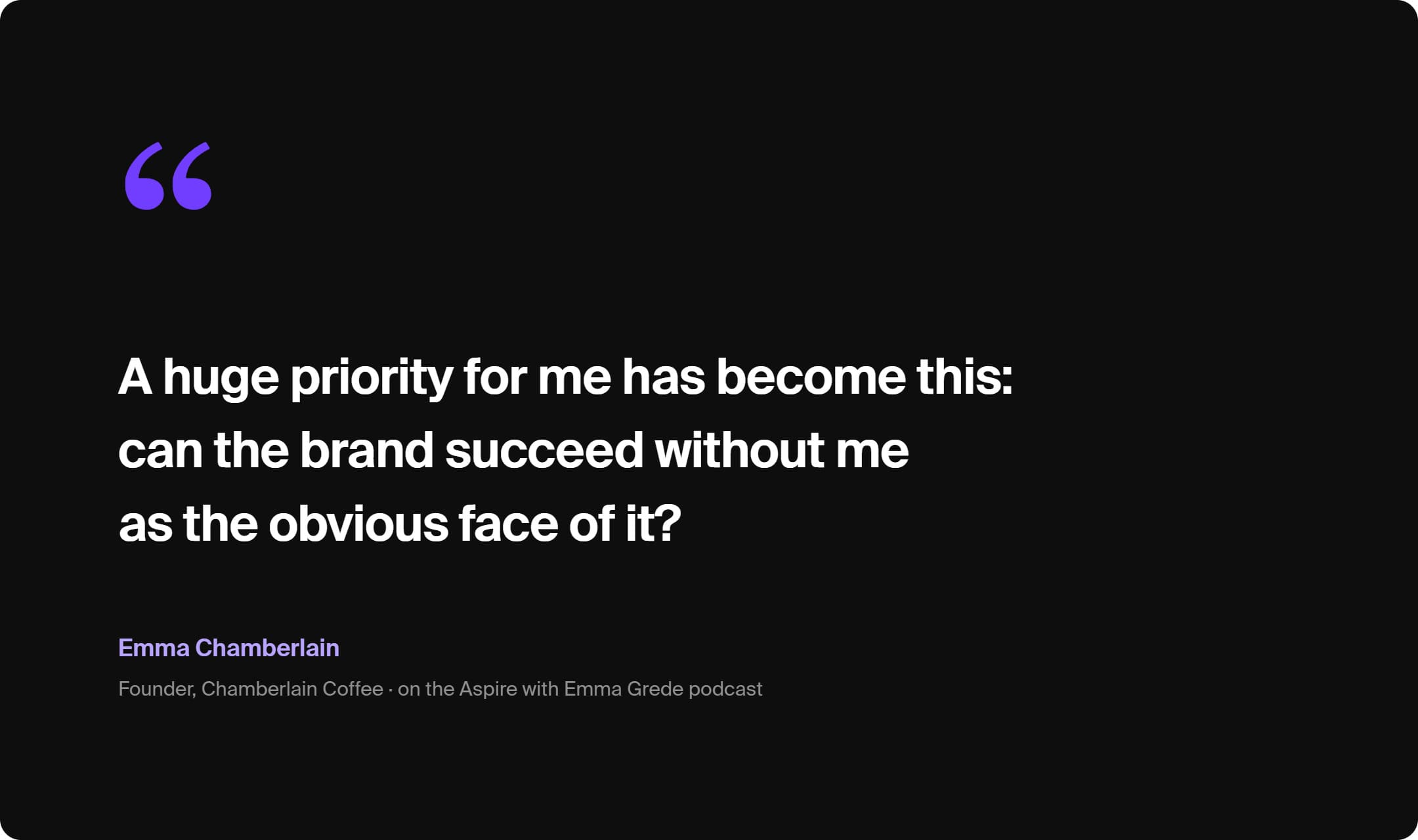quote from Emma Chamberlain, Founder, Chamberlain Coffee on the Aspire with Emma Grede podcast: A huge priority for me has become this: can the brand succeed without me as the obvious face of it?