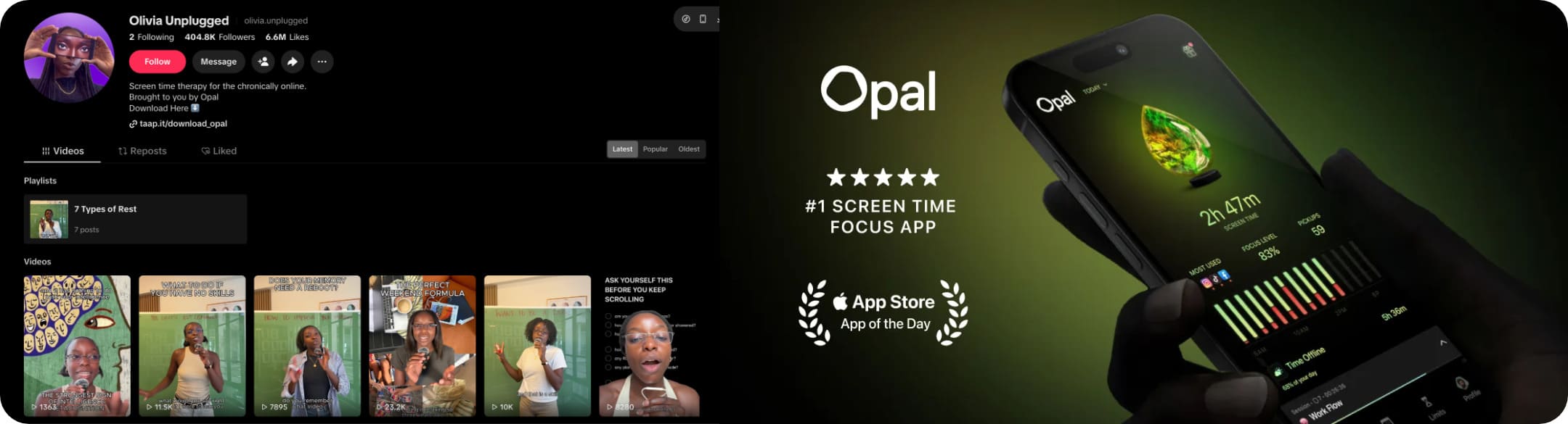 side-by-side images of Olivia Unplugged a satellite account built for Opal and the Opal app